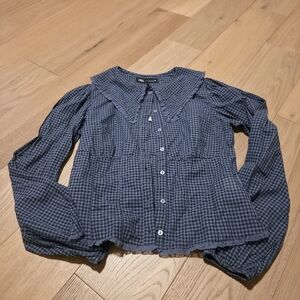 Zara Navy Checkered Blouse with Unique Collar